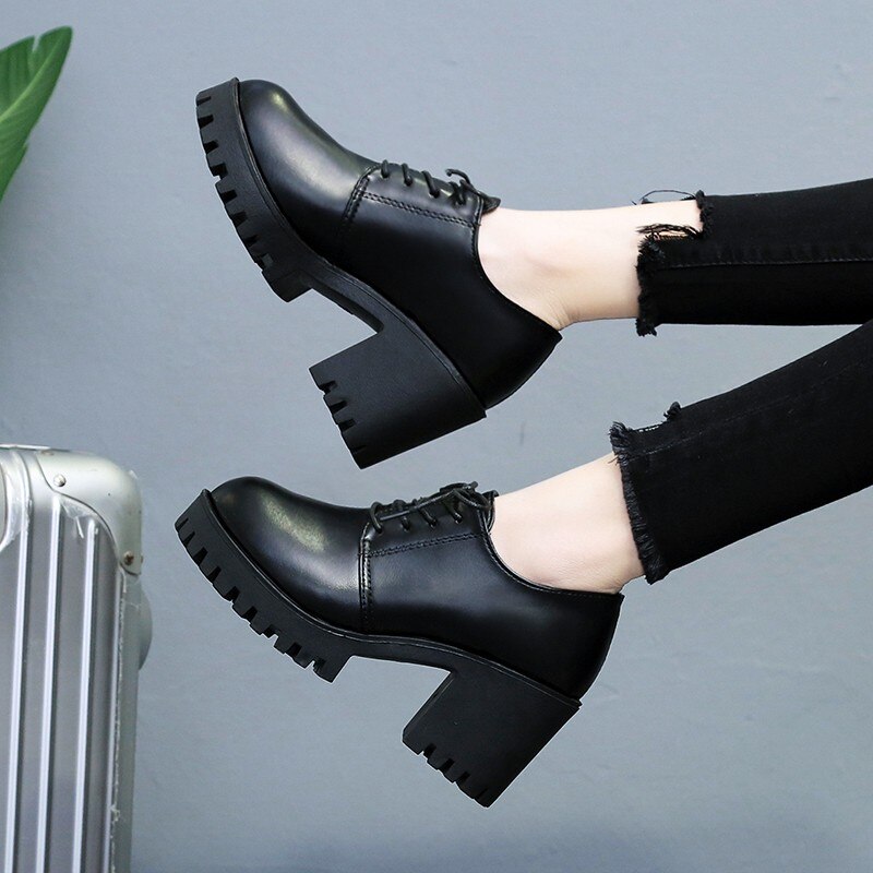 automne femmes chaussures simples femmes à lacets chaussures à talons carrés tête ronde talon haut imperméable à l'eau plate-forme chaussures en polyuréthane
