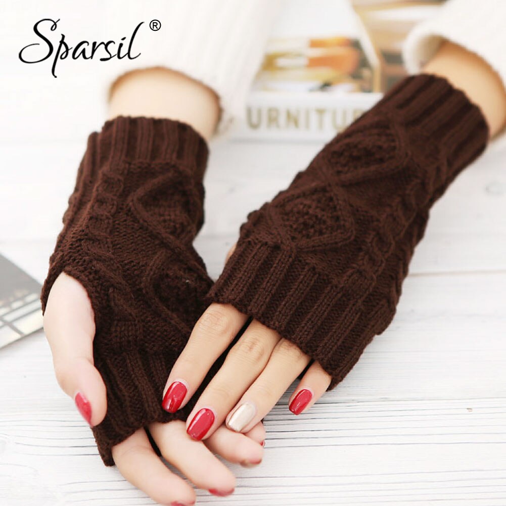 Sparsil kvinder vinterstrik fingerløse handsker varm uld strikhandske 20cm jacquard halvfinger vanter elastisk kort håndledsbeskytter