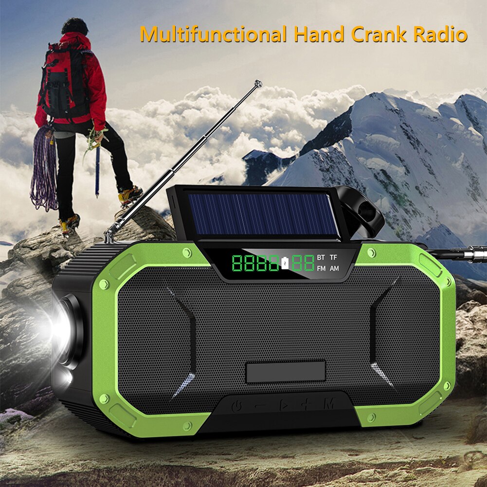 Radio de mano multifuncional con manivela Solar, Altavoz Bluetooth, AM/FM, Radio Meteorológica, linterna de emergencia, cargador de batería, 5000mAh