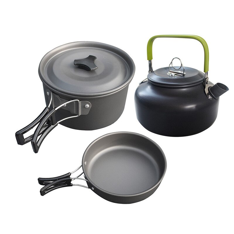 Vilead draagbare kampeerset met pot, pan en waterkoker van aluminiumlegering, servies voor buiten, kookgerei, 3 stuks/set, theepot, kookgereedschap voor picknick en barbecue.: Zwart kookgerei
