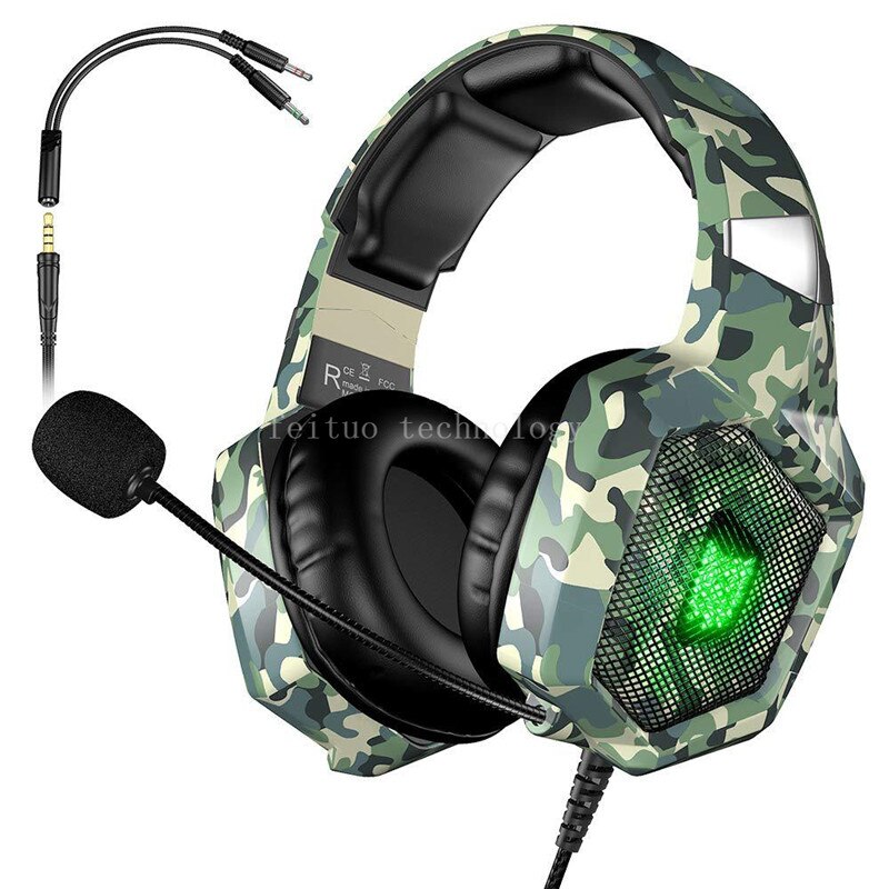 Wired Gaming Headset Met 7 Kleuren Led Licht Gamer Headset Voor PS4 Pc/Mac/Mobiele/Xbox: camouflage green