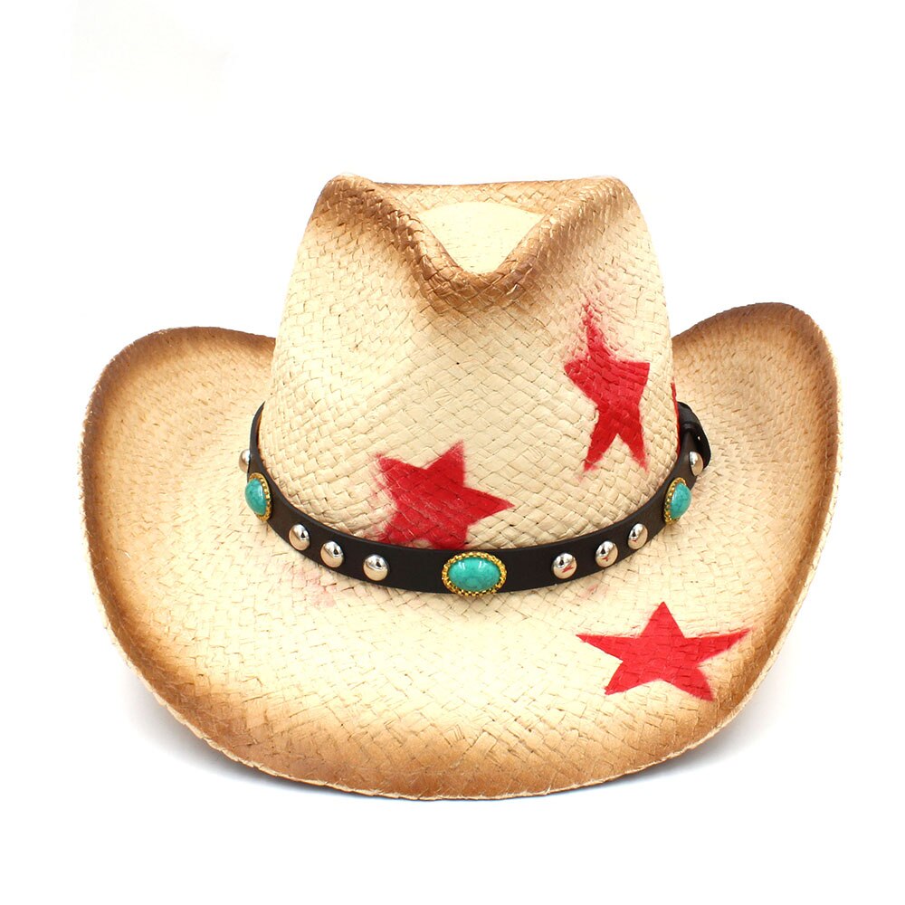 Kvinder mænd halm vestlige cowboy hat med punk blade band stjerne dame far sombrero hombre cowgirl jazz caps størrelse 58cm: C1 hætter