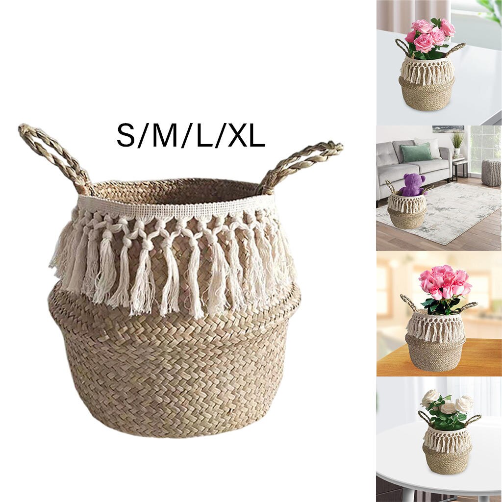 Panier à linge en osier avec pompon blanc, décoration de salon de jardin