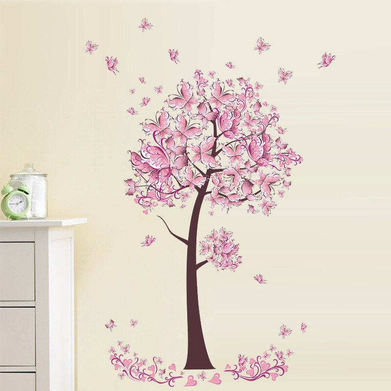 Pink butterfly flower Wall Sticker bedroom living room background decorations wallpaper girl's room Mural decor door stickers