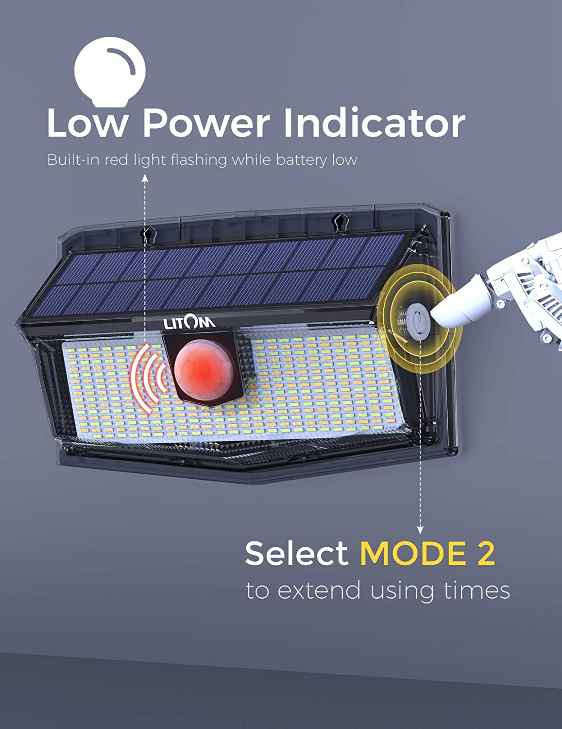 Upgraded Touch Switch Solar Lights 2PCS LITOM 300 LED Solar Lights PIR Motion Sensor Lights IP67 Waterproof 4 Intelligent Modes