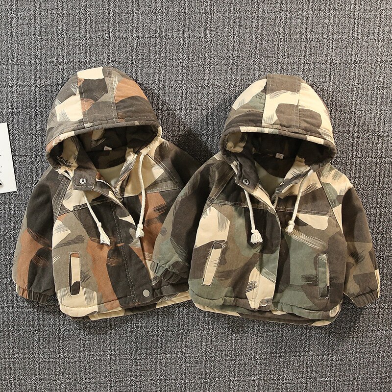 Buitenlandse Jongen Dikke Jas Herfst En Winter Kleding Kinderen Camouflage Korte Plus Fluwelen Windjack Jongen Tij