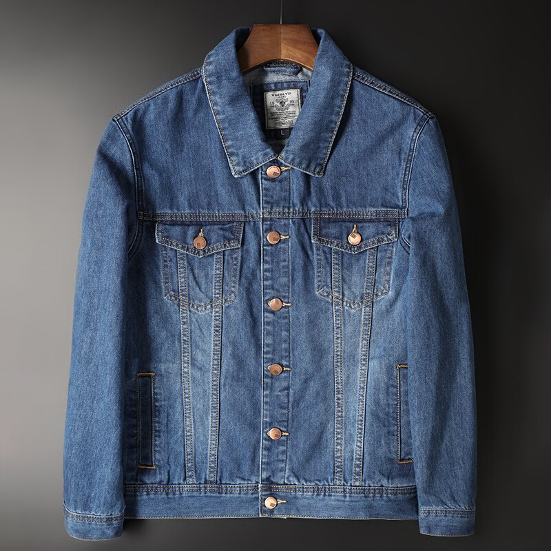 Autumn classic men's denim jacket slim blue lapel single-breasted buttons retro casual washed denim jacket men's top