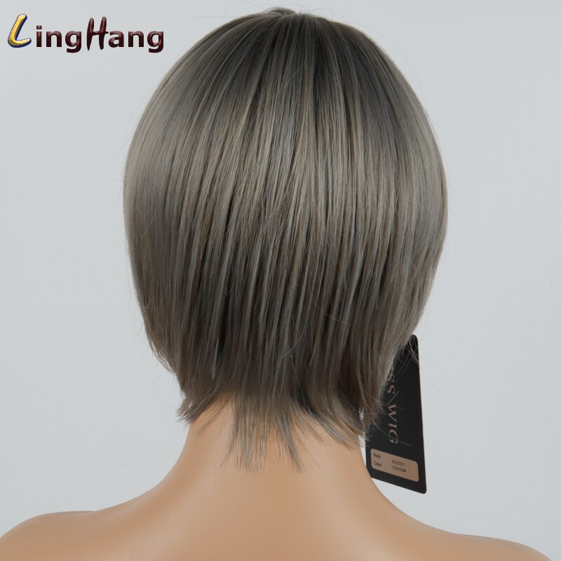 LINGHANG Short Brown Black Straight Wig Pixie Hair Cut Style Wigs For Women Synthetic Hair High Temperature Fiber