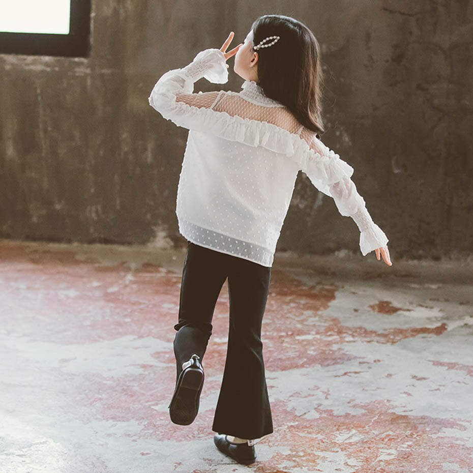 Blouse For Girls Mesh Children's Wihte Shirts For Girl Dot Pattern Girls School Blouse Casual Style Big Girls Clothes