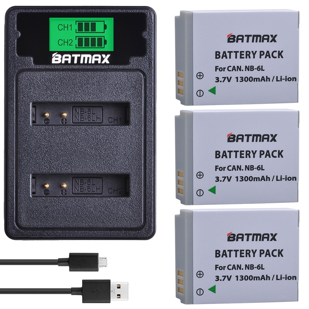 2Pcs NB-6LH NB-6L Battery + Charger Type C Port for Canon PowerShot D10 D20 D30 S95 SX260 SX280 SX540 SX700 SX710 HS Camera: 3Pcs set