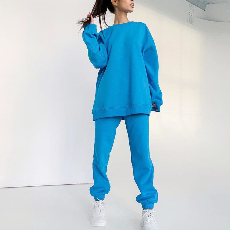 Chándal de lana de dos piezas para mujer, sudadera de gran tamaño, pantalones de Color sólido, trajes informales de otoño e invierno: S / Blue