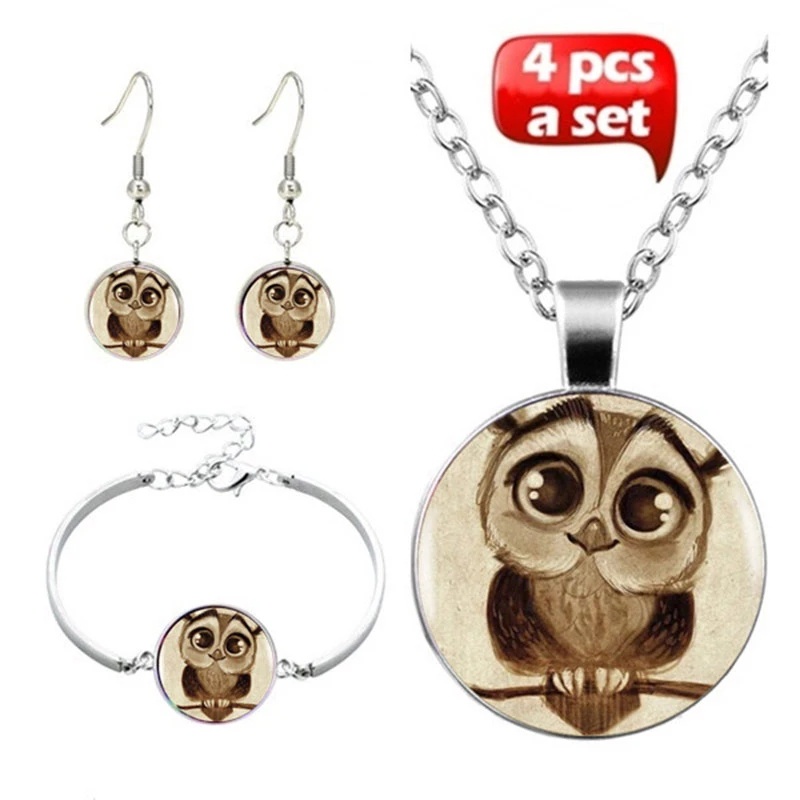 Leuke Uil Art Foto Sieraden Set Cabochon Glas Hanger Ketting Oorbel Armband Totaal 4 Stuks Voor Vrouwen Party