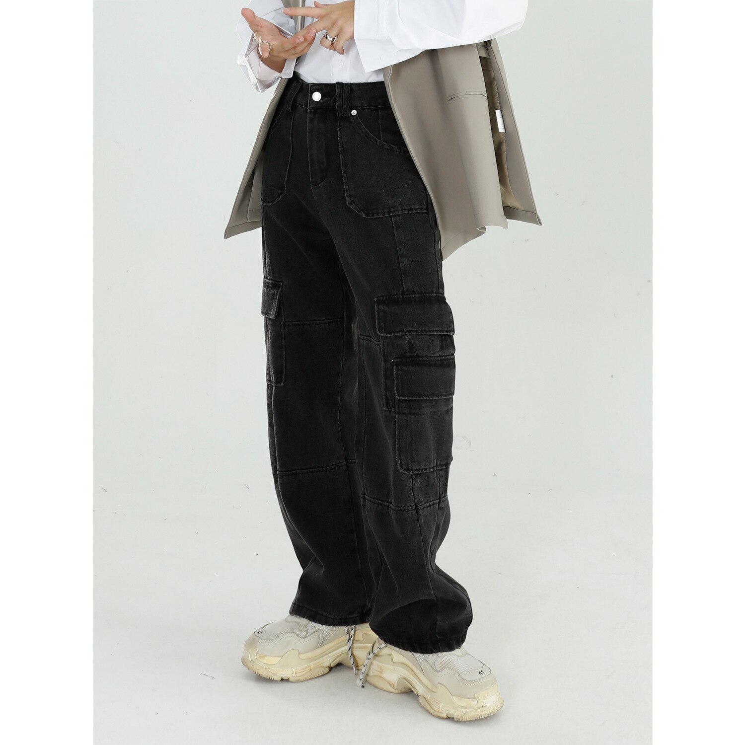 Sort tøj mænd 2022 efterår vintage jeans vaskede løst brede ben bukser straight cargo bukser baggy jeans denim jeans streetwear
