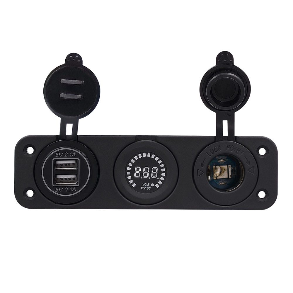 Auto Ladegerät Motorrad Stecker Dual USB Adapter + 12V/24V Zigarette Leichter Buchse Blau LED + Digital Voltmeter CY675-CN
