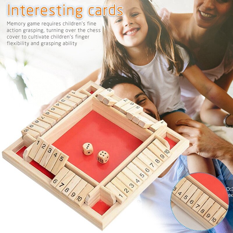 Traditional Four Sided Shut the Box Dice Game Wooden Board Game with 2 Dice for Kids Adults Tabletop Pub Board Game