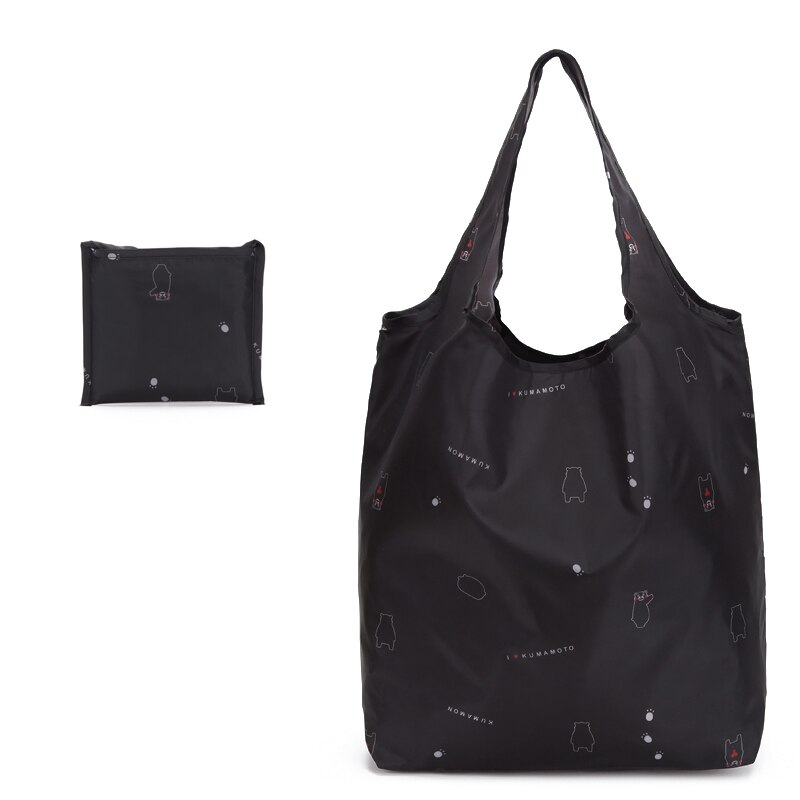 Nylon Black Reusable Shopping Bags Women Foldable Tote Bag Portable Cloth Eco Grocery Bag Folding Large Capacity Handbags: black bear
