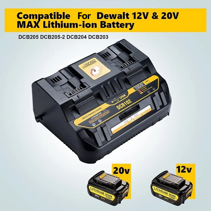 Fast charging DCB102 Li-ion Battery charger For DeWalt 12V 14.4V 18V 20V DCB105 DCB200 double charging postion with USB Port