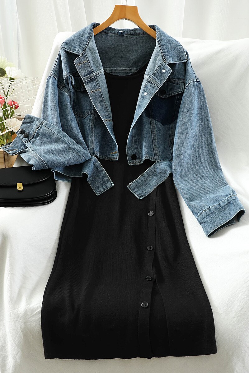 Marca de moda terno feminino outono nova moda tricô fino meados de comprimento pequeno vestido preto + jaqueta jeans curto duas peças feminino