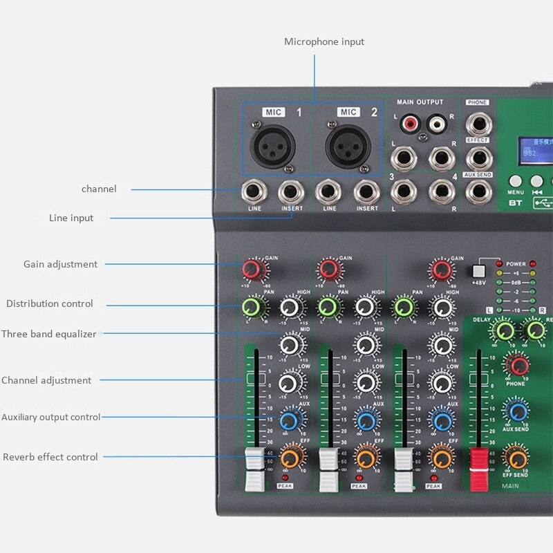 Bluetooth Portable o Mixer USB DJ Sound Mixing Console MP3 Jack 4 Channel 48V Amplifier Karaoke KTV Party EU Plug