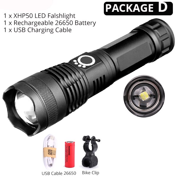 Newest XHP50 LED Bicycle Flashlight Most Powerful USB Rechargeable USB Zoom Bike Light Torch 18650 26650 for outdoor Bike Light: Package D