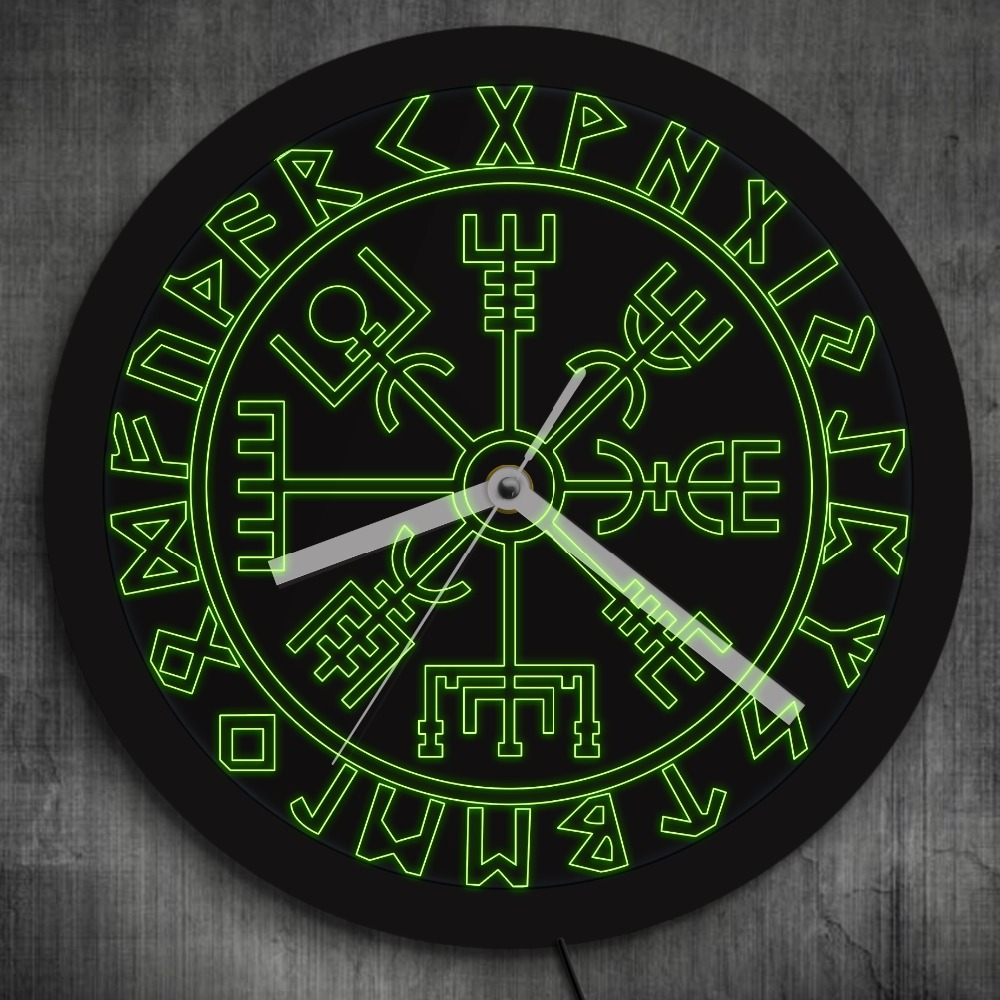 Wikinger Symbol Runen LED Wanduhr Jahrgang Neon- Uhren Farbwechsel Vegvisir Kompass Wikinger Skandinavischen glühen in dunkel