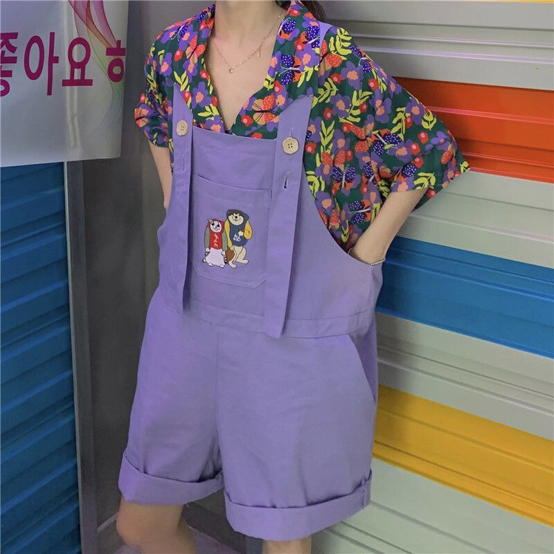 Monos Harajuku morados Ulzzang para mujer, Pelele de dibujos animados de gran tamaño, estilo universitario, trajes para mujer