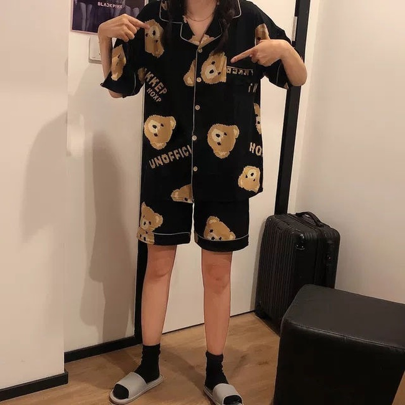 Qweek kvinder pyjamas sæt japansk kawaii pijamas bjørn print pyjamas teen piger hjem tøj turndown krave sommer nattøj