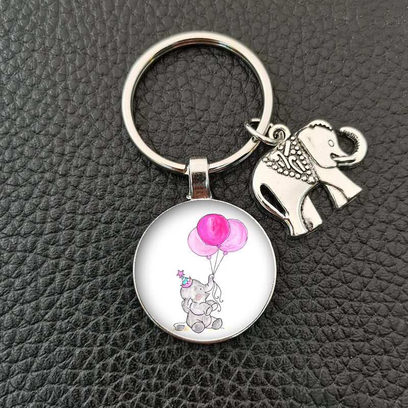 , llavero redondo convexo de cristal con de elefante y elefante bebé hecho a mano, llavero de coche, accesorios de boutique: Blanco