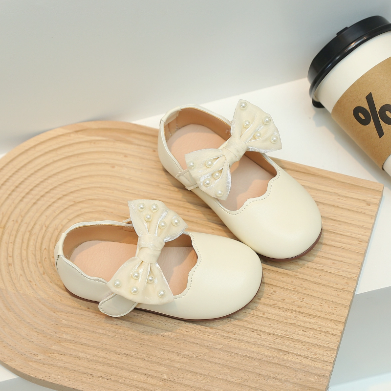 Children Mary Janes Beading Ribbon Black Beige Girl's Princess Shoes Shallow Flexiable Kids Flat Shoe 21-30