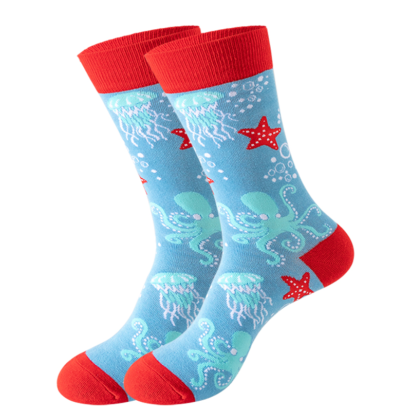 Nuevos calcetines de para hombre Harajuku japonés calcetines de dibujos animados felices caballito de mar cangrejo camarones calcetines de Coral tendencia medias masculinas calcetines divertidos: Negro rojo