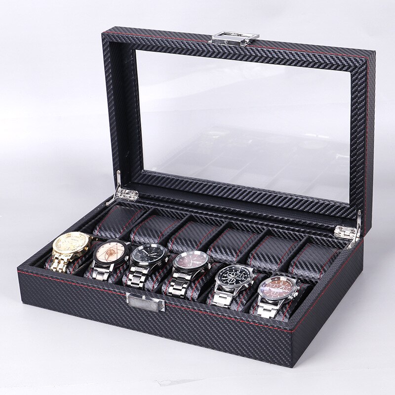 WDDSXXJSL carbon fiber leather 10 digit rectangular watch box jewelry display storage box home decoration packaging box: 33x21x8cm