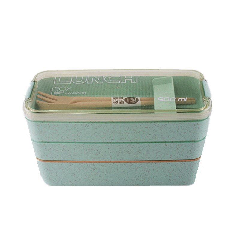 900ml 3 Layers Lunch Box Bento Food Container Eco-Friendly Wheat Straw Material Microwavable Dinnerware Lunchbox Vip: 900ml green