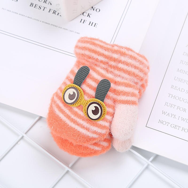 Wecute listrado bonito grandes olhos coelho dupla camada mais veludo quente luvas de inverno malha crianças luvas para meninos gilrs bebê: Laranja