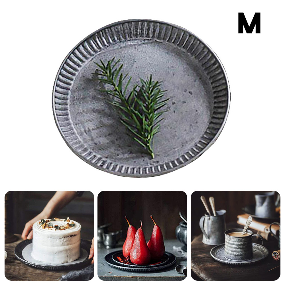 Retro metalplade antik metalbakke rund smedejerns opbevaringsbakke dessertkage tørret frugt tallerken hjem køkkenindretning: M