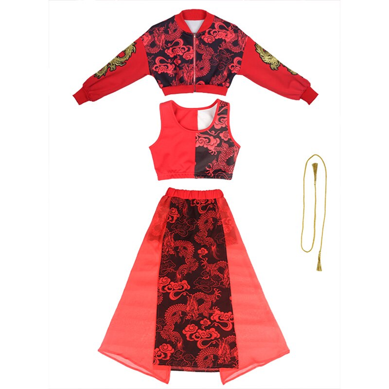 Traje de escenario para niños estilo chino Retro, trajes rojos de estilo Hip Hop para niñas, ropa para actuaciones de Jazz, pasarela, Festival, DNV14415