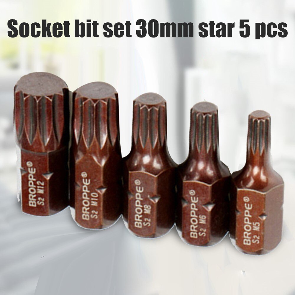 5pcs/Set Screwdriver Bit 30mm Star Head M5 M6 M8 M10 M12 10mm Hex Shank S2 Alloy Steel Magnetic 12 Point Spline Screw Driver Bit
