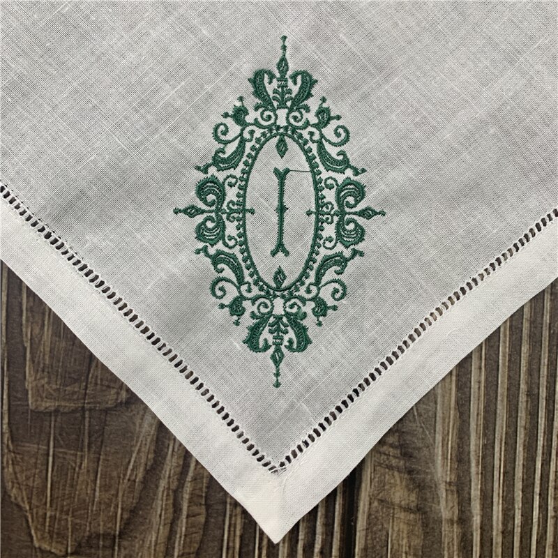 12 Pcs Monogram Zakdoeken Wit Pure Ramee Stof Zakdoeken Hemstitched Grens/Plain Klassieke 13X13-Inch: Letter I Green