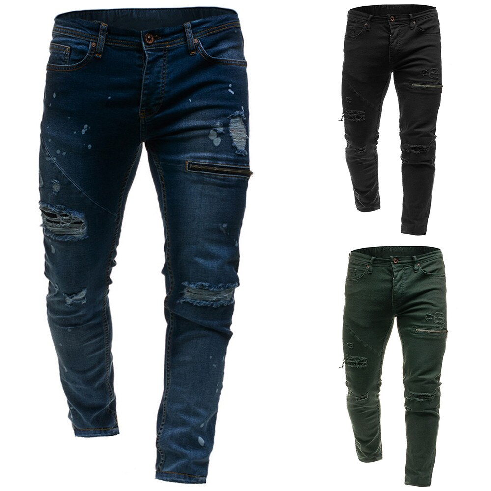 DOUDOULU Men's Casual Skinny Denim Stylish Zipper Jeans Casual Holes Denim Pants harem pants jogger sweatpants hombres #SS