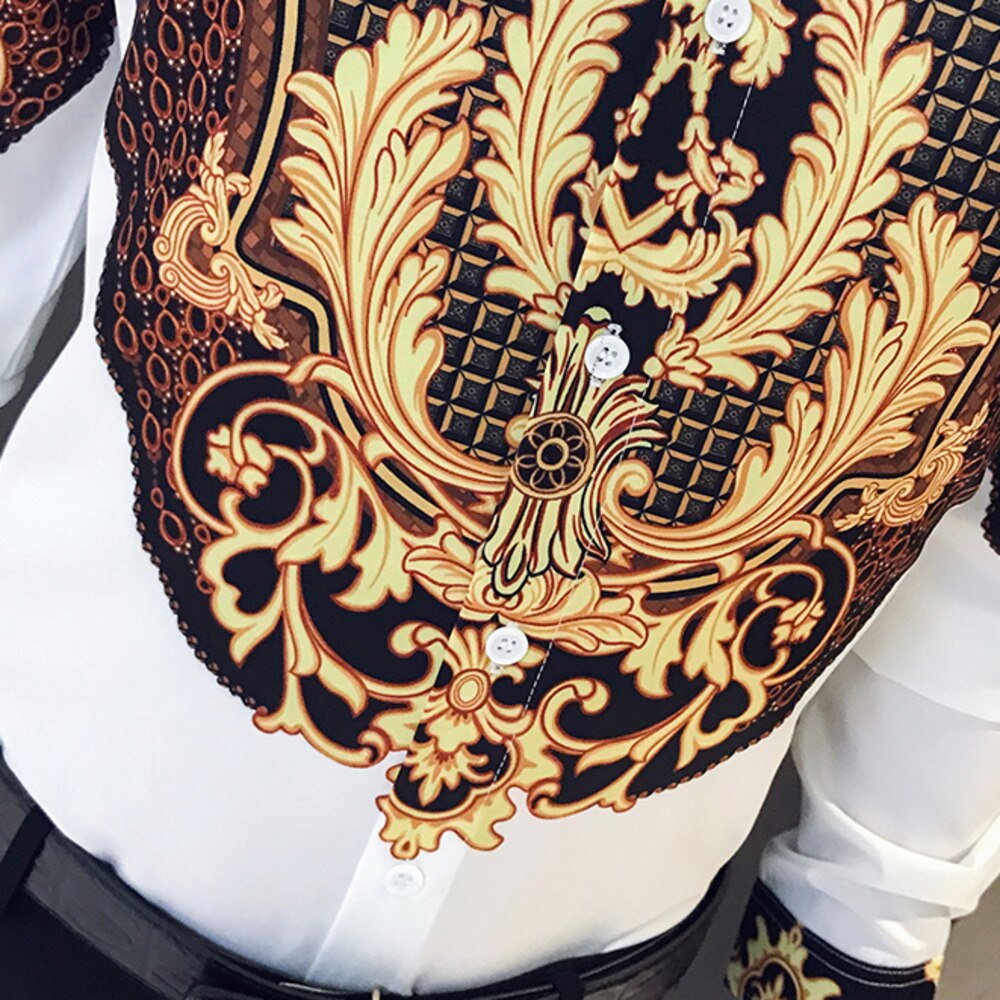 Luxury Gold Print Shirt Mens Men Long Sleeve Shirts Party NightClub Tuxedo Shirts Casual Slim Fit Streetwear Blouse Homme