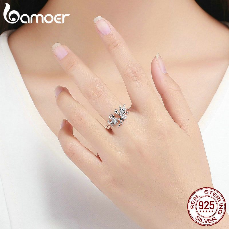 BAMOER 925 Sterling Silver Fairy &amp; Daisy Flower Open Size Finger Rings Women Wedding Engagement Jewelry BSR025