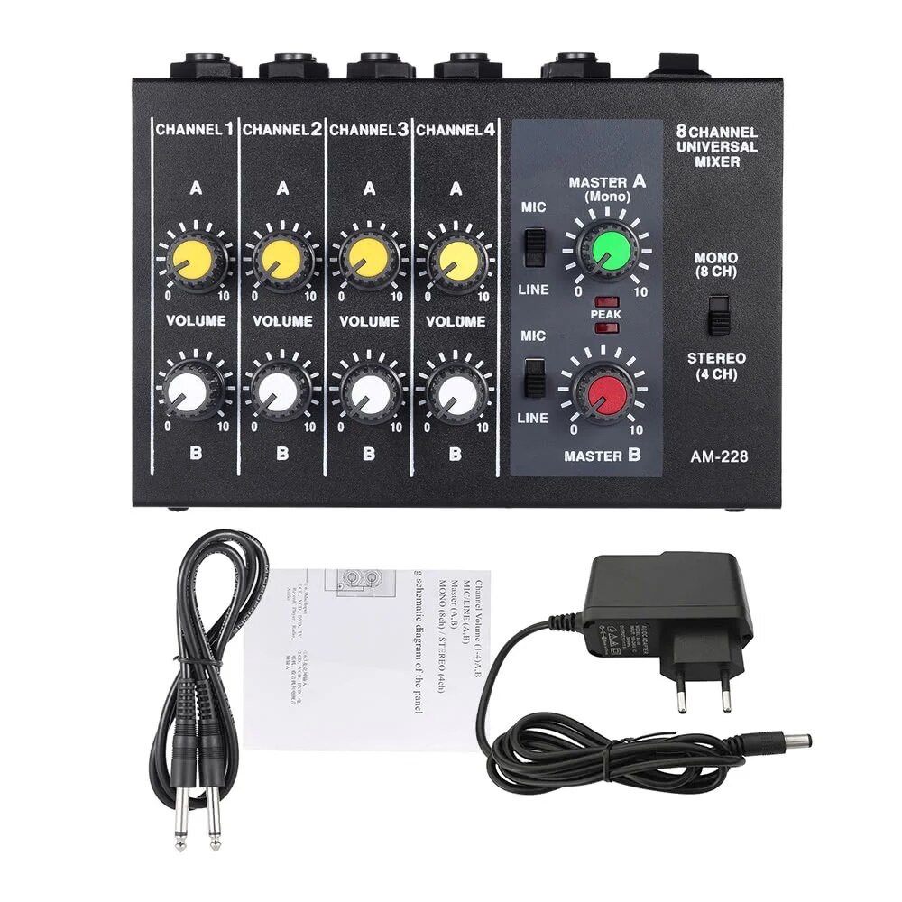 AM-228 Ultra Compact Audio Sound Mixer Mixing Console Low Noise 8 Channels Metal 6.35mm Interface Studio Mixer