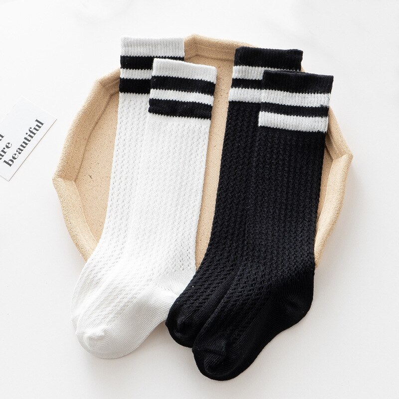 Calcetines largos a rayas para niños y niñas, calcetín hasta la rodilla de malla de algodón suave, medias transpirables finas para niños de 3 a 12 años, verano 2022