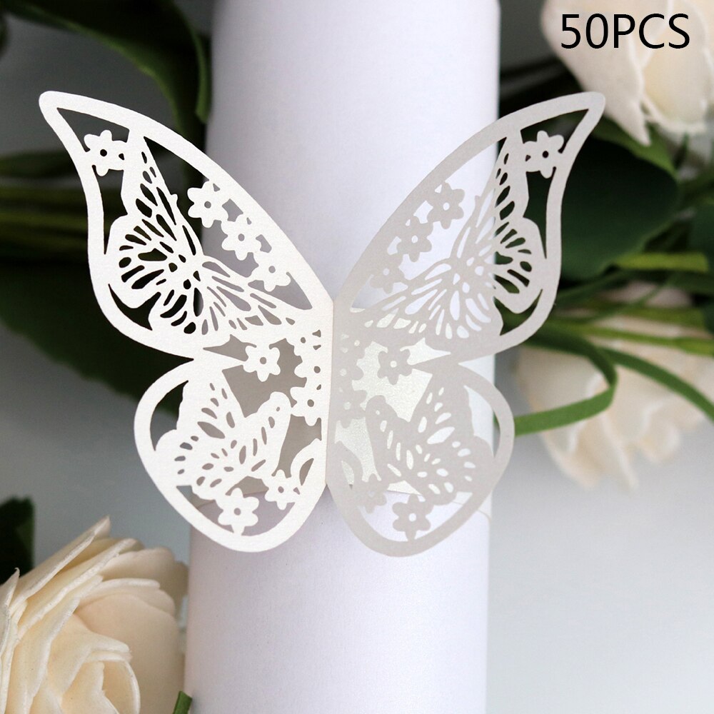 50 Stuks Jaar Hollow Papier Vlinder Servetringen Bruiloften Party Serviette Tafel Decoratie Gunst Voor Kerst: WHITE