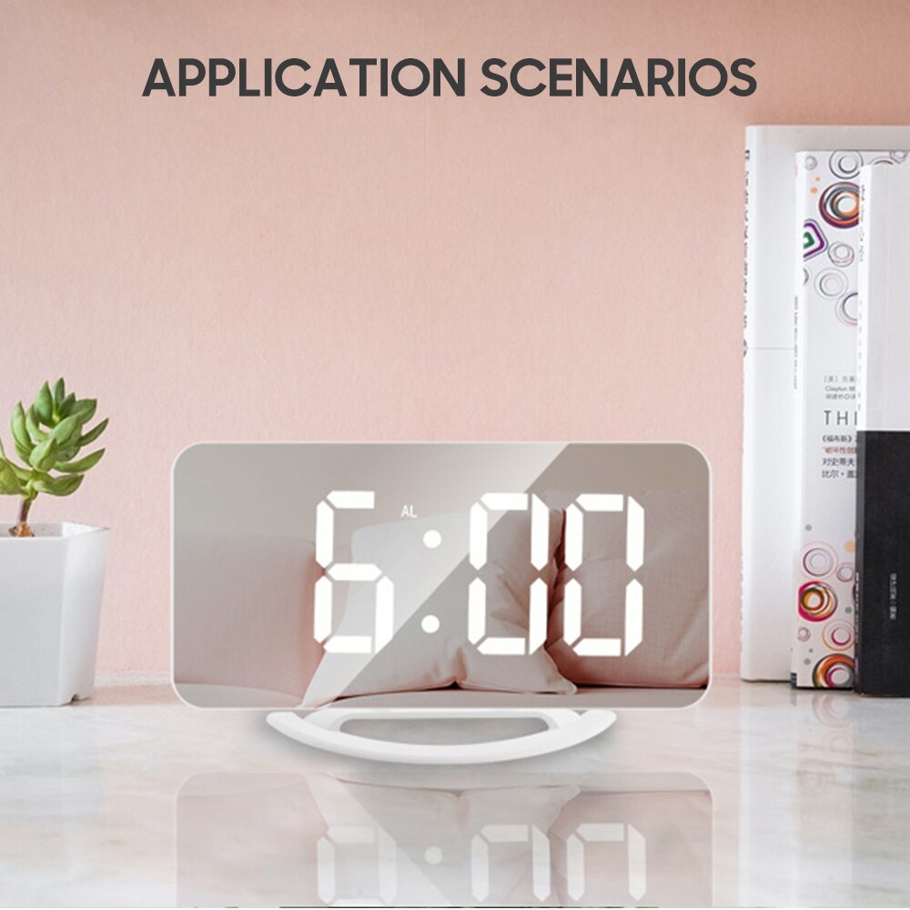 LED Mirror Clock Mini Digital Alarm Clock TS-8201-HB Table Clock with Snooze Function 3 Adjustable Brightness Auto-Adapt