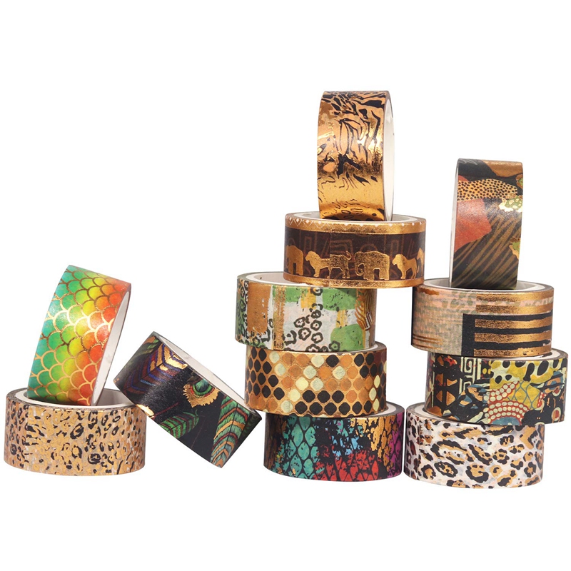 12 rollen Gold Folie Wilde Tiere Drucken Dekorative Maskierung Bänder Für DIY Handwerk, Kugel Zeitschriften, Planer, sammelalbum, Verpackung
