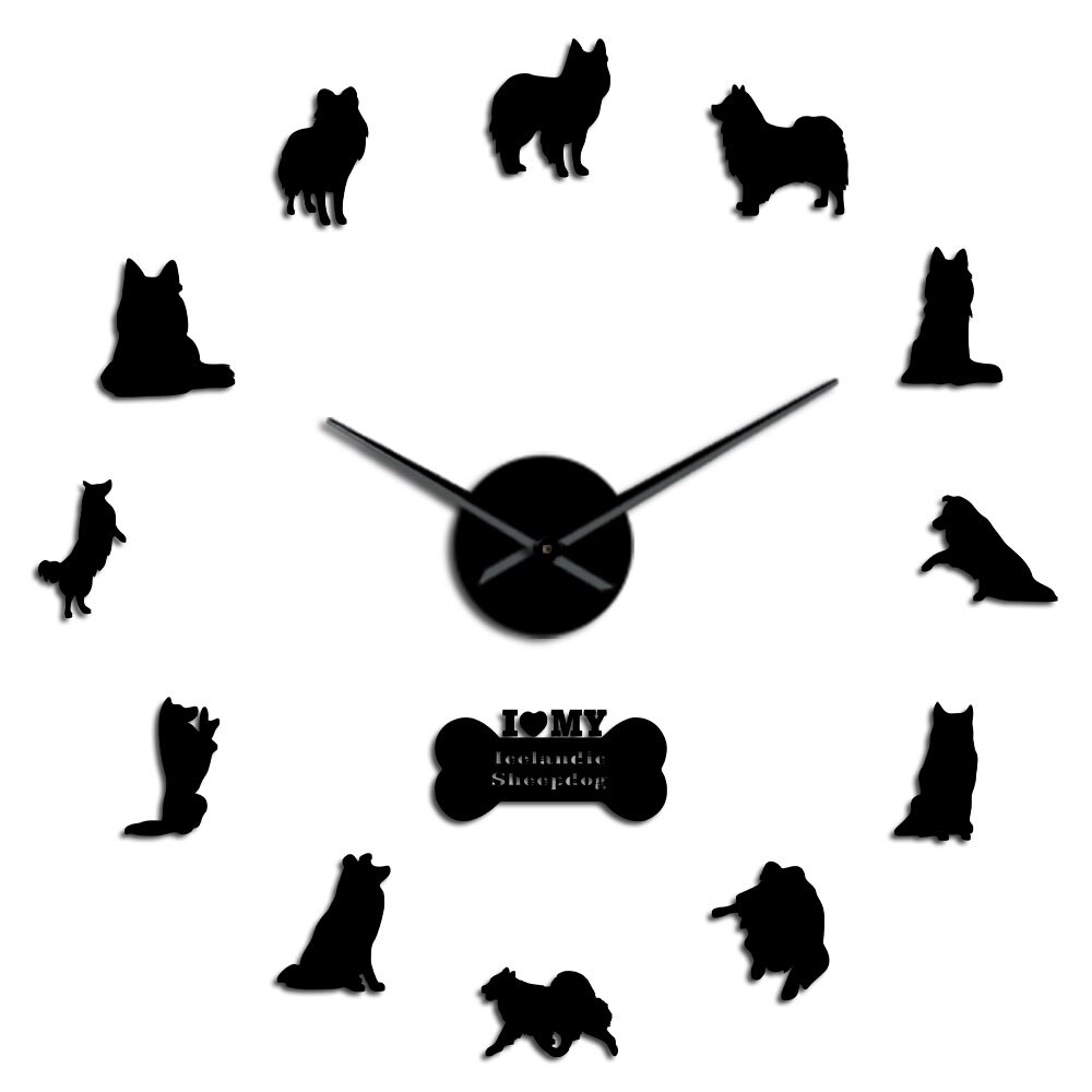 Grande horloge murale 3D suspendue en acrylique, grand décor scandinave de mouton, Surface de miroir, bricolage, Portrait de chiot pour amoureux des chiens, muet: Black / 27inch