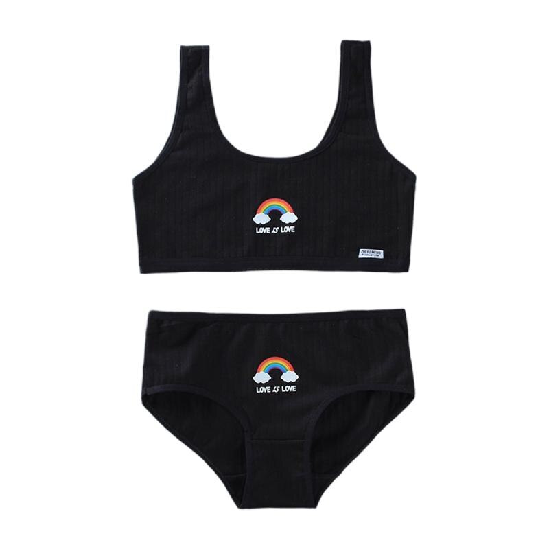 Conjunto de ropa interior de 2 piezas para adolescentes, sujetador de entrenamiento de algodón con estampado de puente de arcoíris, Top y bragas, Bralette deportivo: Black