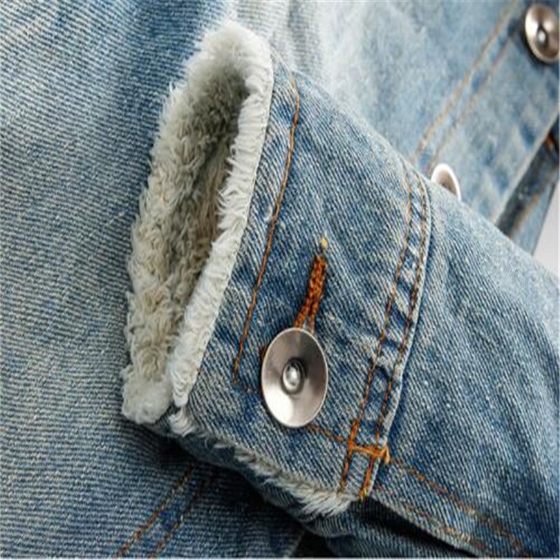Mens Denim Jacket with Fur Collar Retro Ripped Fleece Jeans Jacket and Coat for Autumn Winter