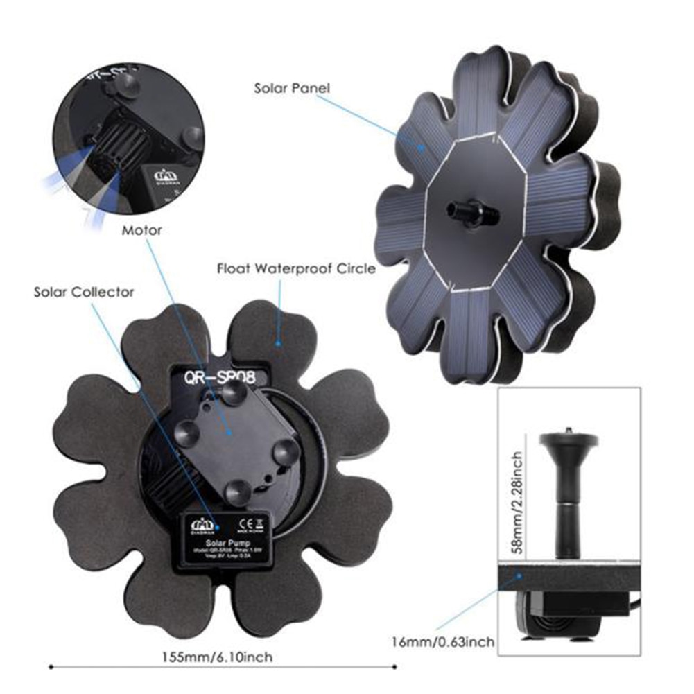 7 Nozzles Yard Water Pump Solar Panel Bird Bath Fountain Floating Flower Water Pump Garden Decor 8V 200mA