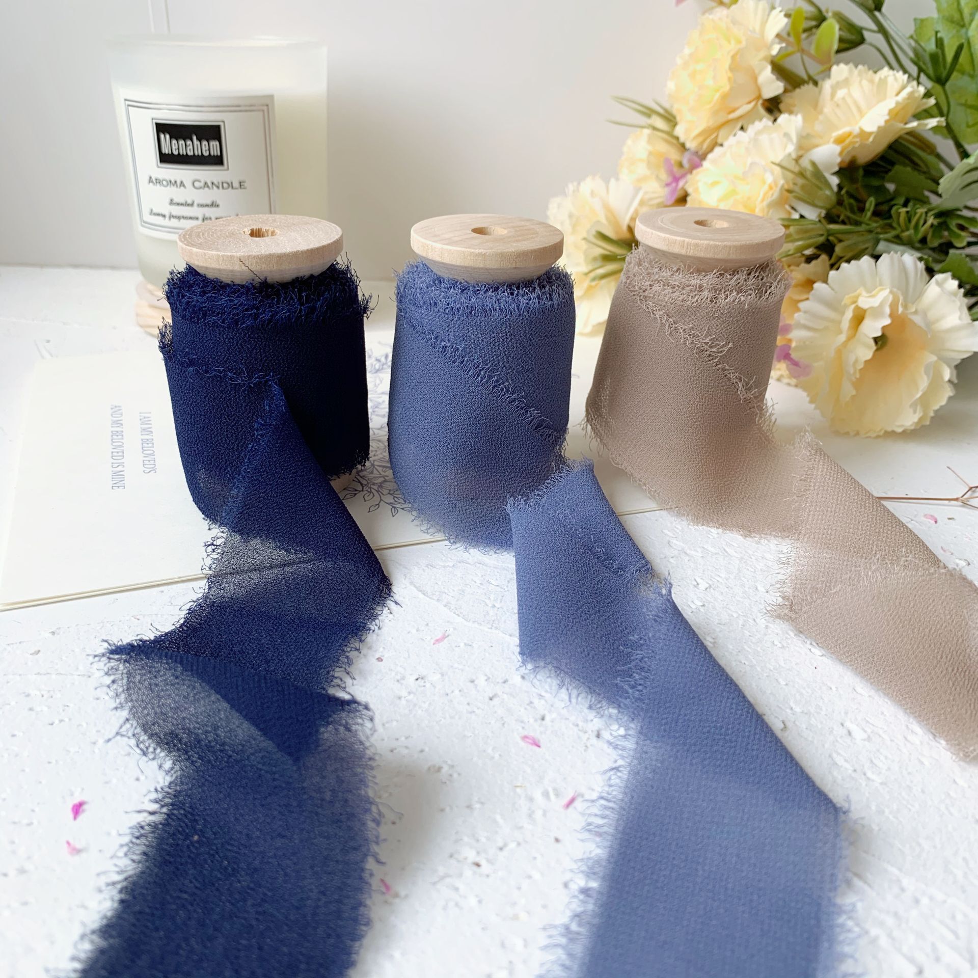 3 Rollen/Set Roll Ins Stijl Handgemaakte Chiffon Verzwakte Randen Zijden Lint Bruiloft Boeket Streamers Fotografie Styling, cadeaupapier